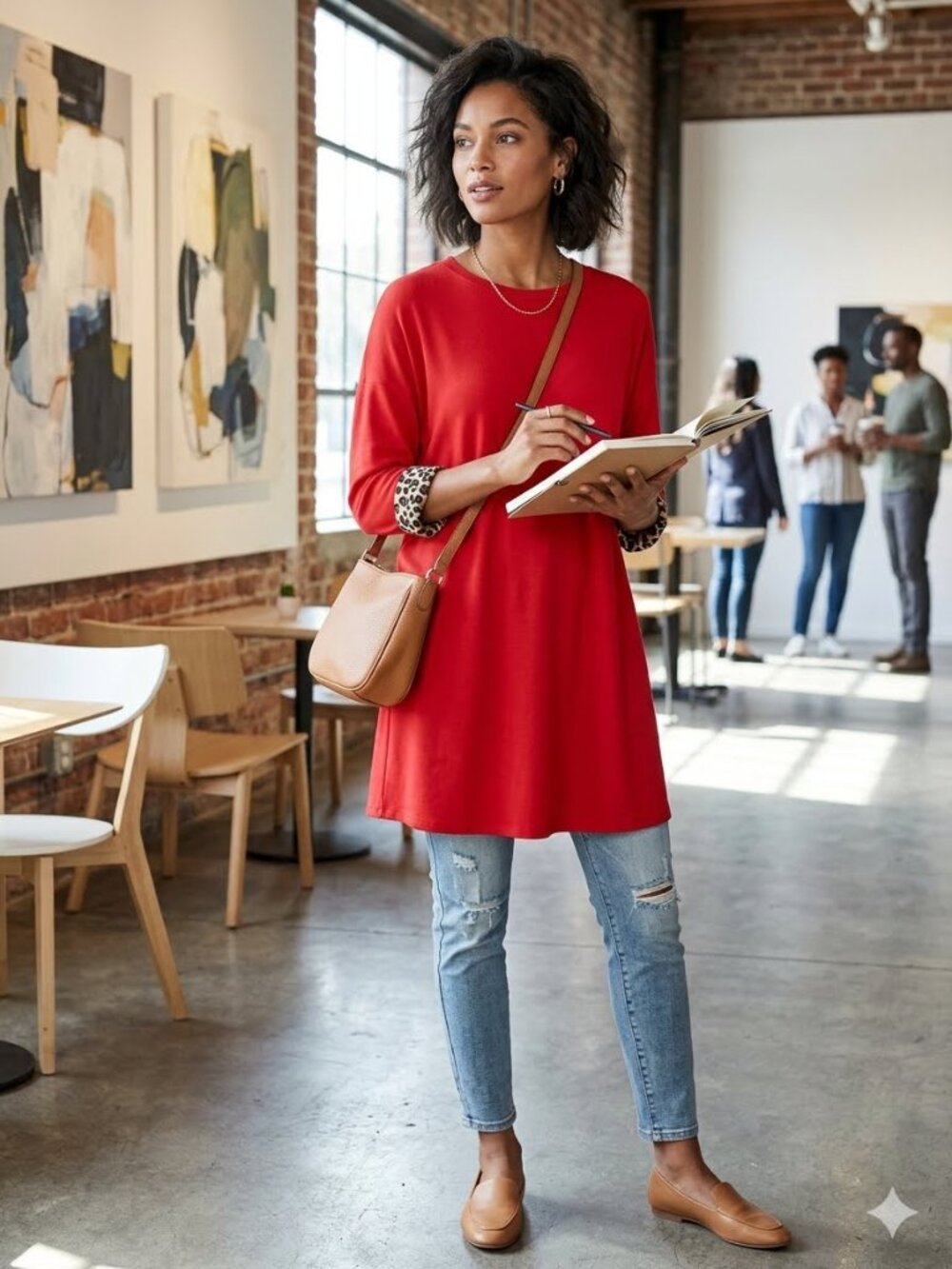 Sunshine & Rodeos Women SZ L Red 3/4 Sleeve Leopard Print Cuff Relaxed Fit Tunic